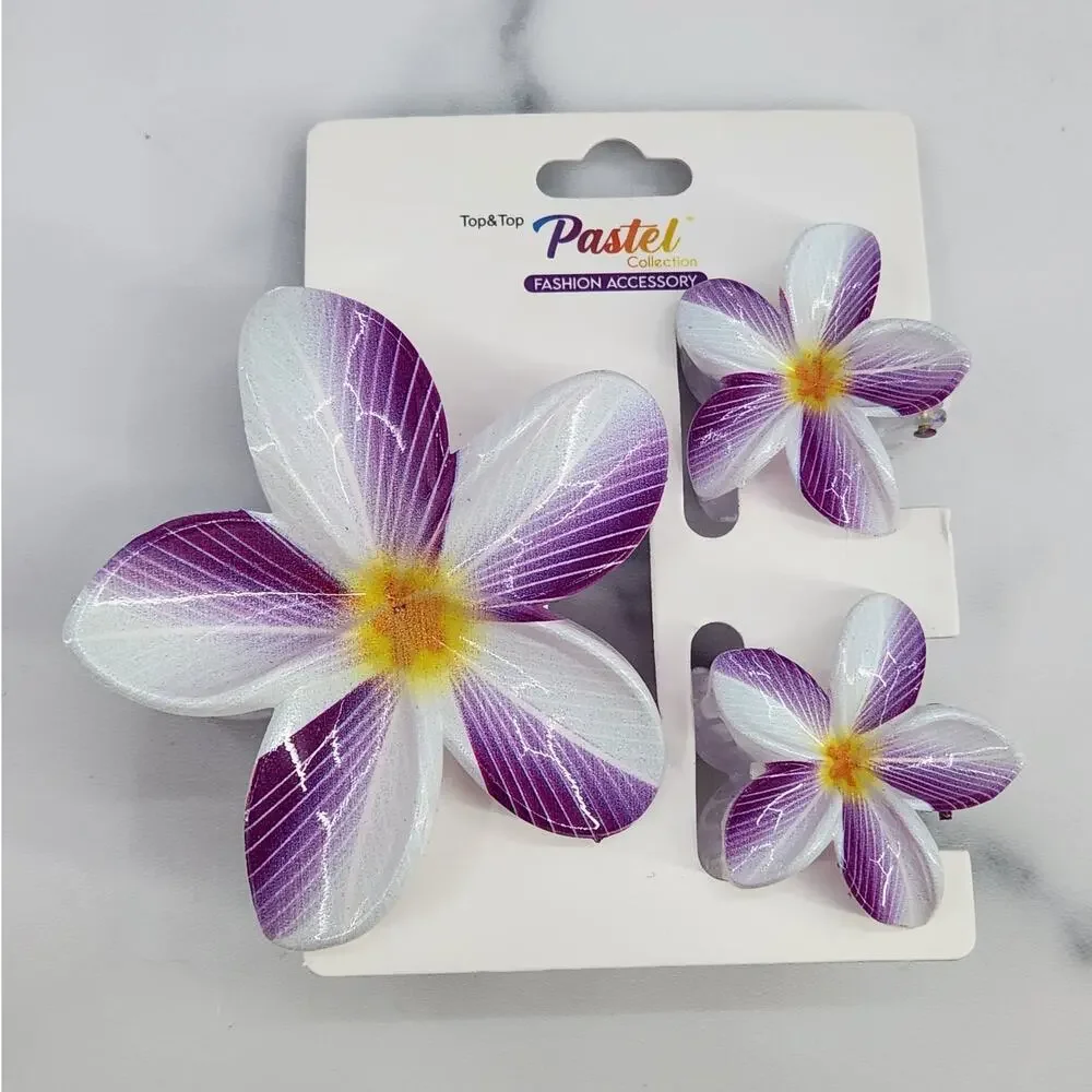 3 pc Hawaiian Flower Claw Clip Set - Hair Accessories Purple & White Plumeria